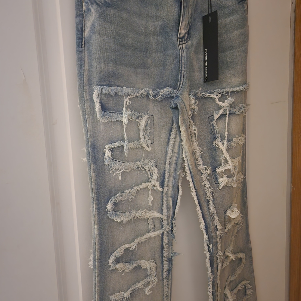 Trendy Light Blue Distressed Straight Leg Jeans